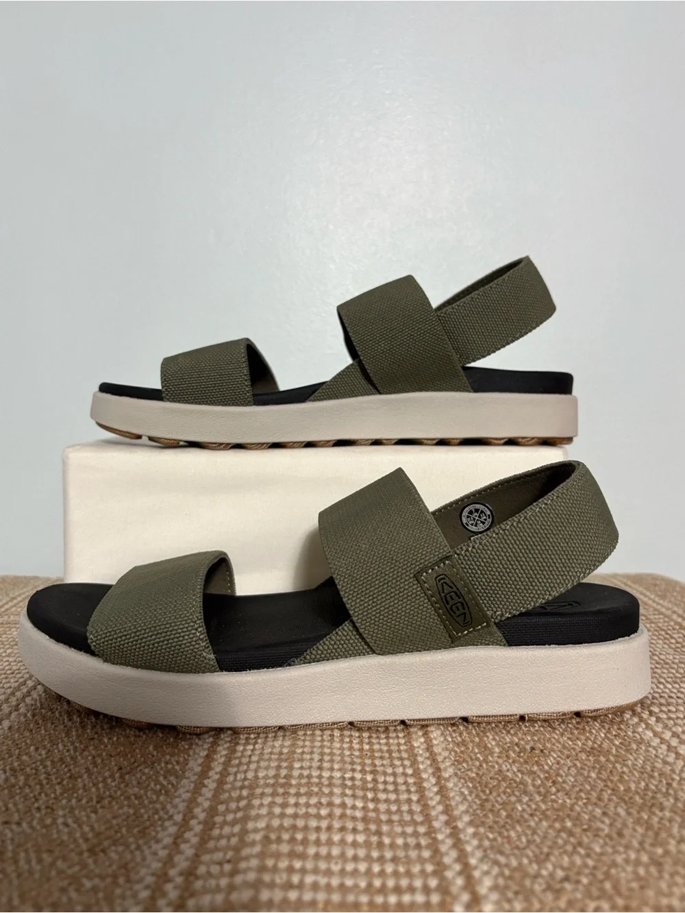 Keen Women’s Elle Backstrap Strap in Dusty Olive, Sporty Platform Wedge—  Size-7